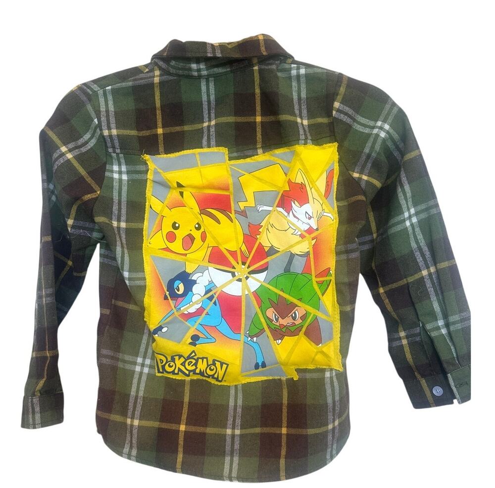 Pokemon Plaid Flannel Shirt Kids Medium Unique Button Down Upcycled